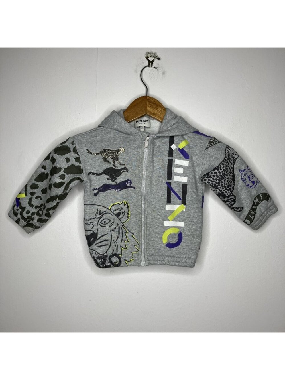 KENZO Kids Unisex 2T Full Zip Hoodie Sweatshirt Gray Cheetah Leopard Animal